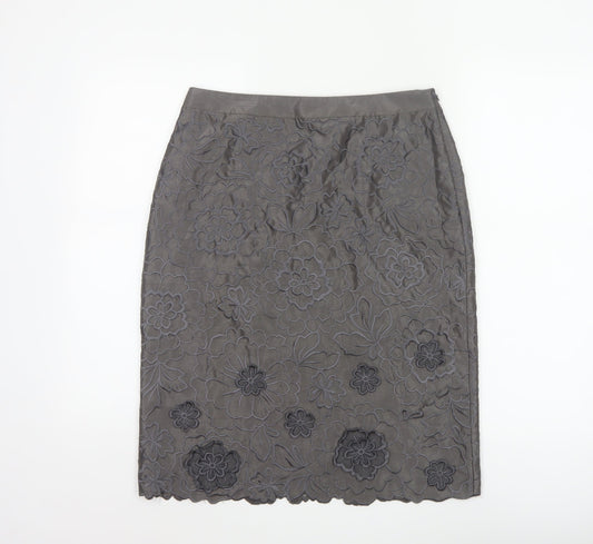 Monsoon Women Grey Floral Embroidered Pencil Skirt Size 10