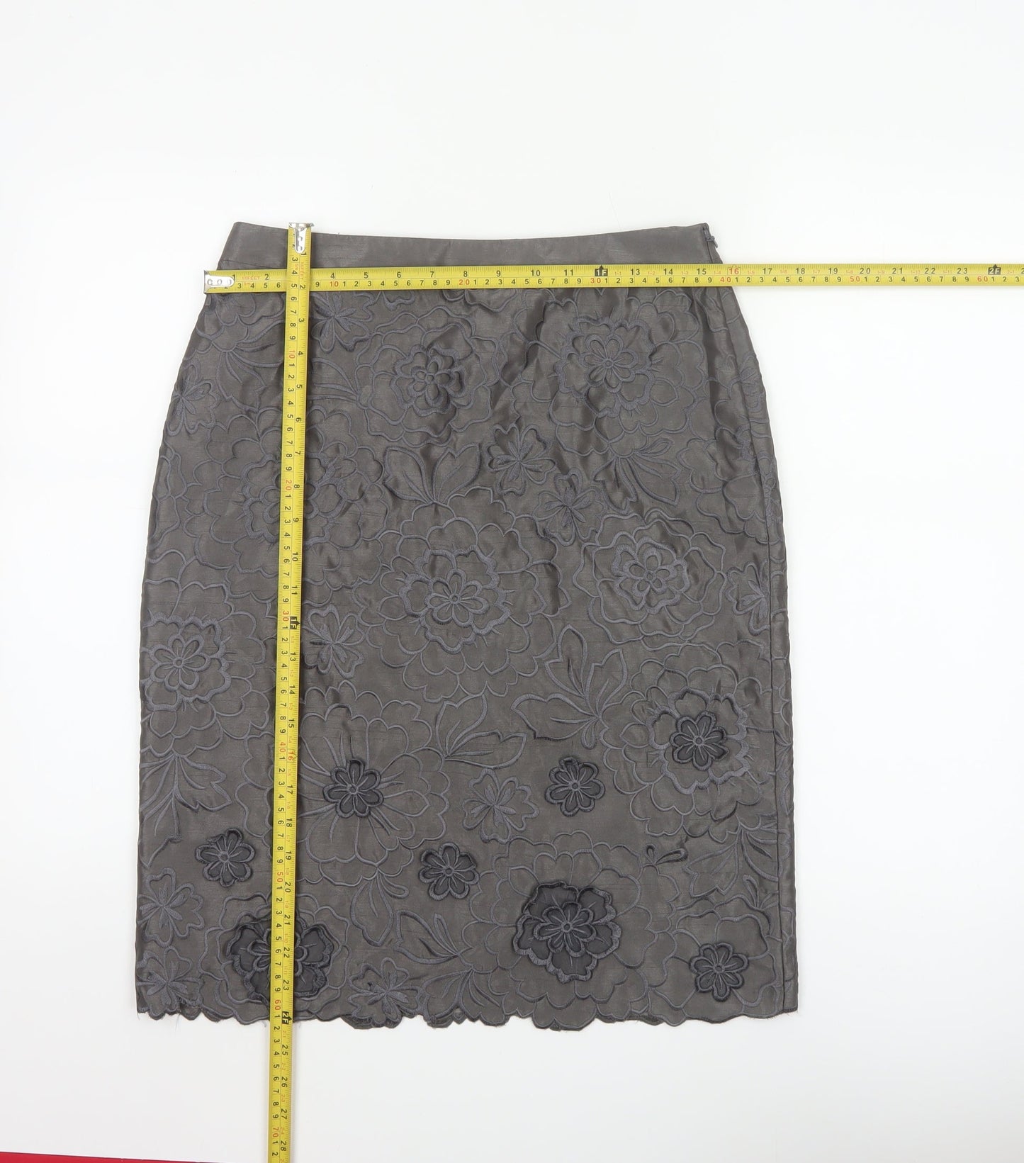 Monsoon Women Grey Floral Embroidered Pencil Skirt Size 10