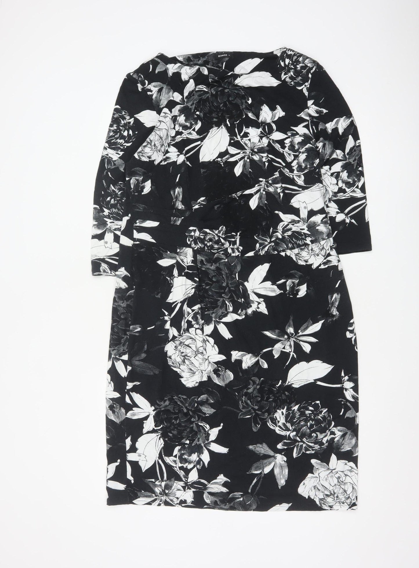 Roman Women Black Floral Sheath Dress Size 18 3/4 Sleeve