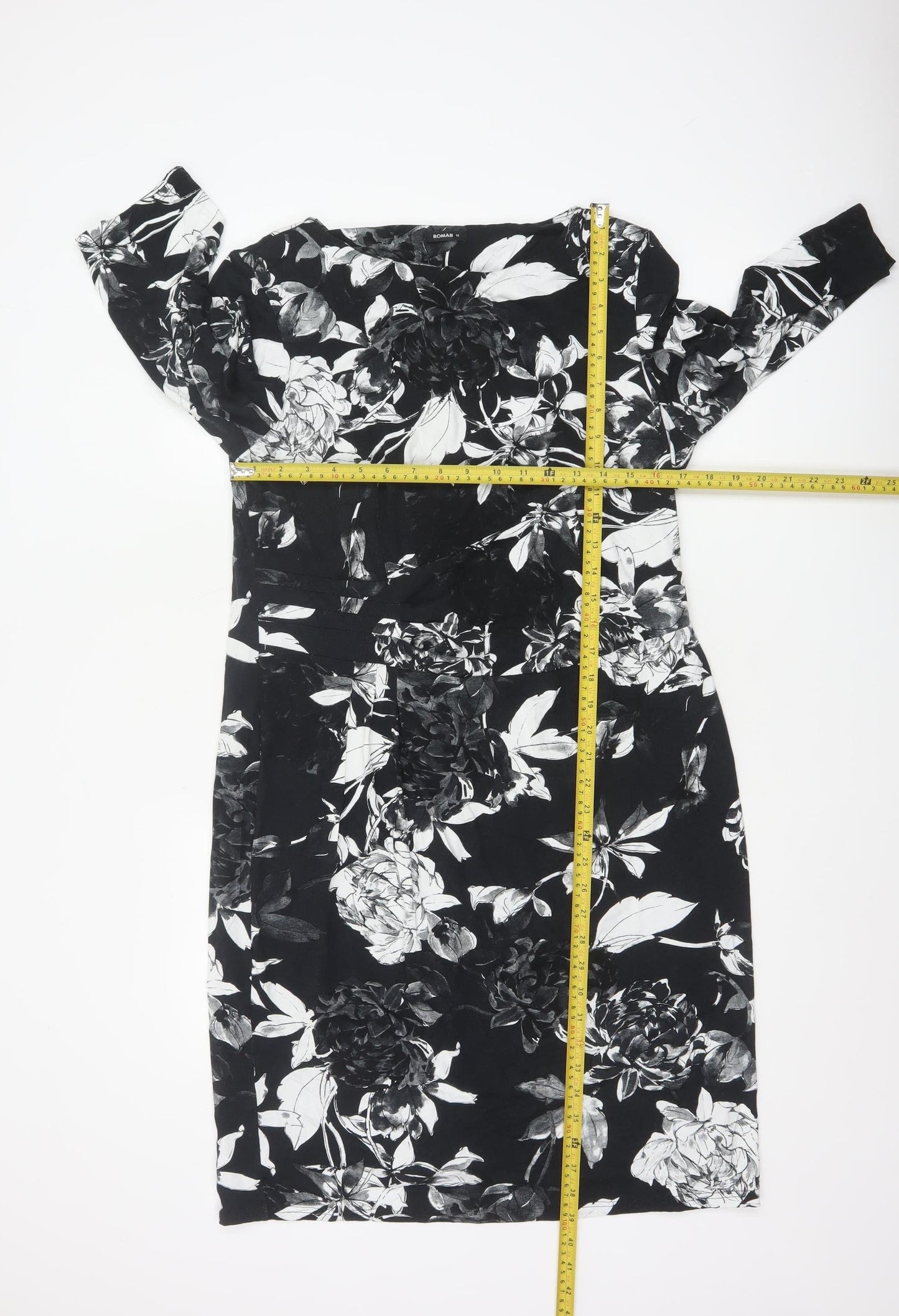 Roman Women Black Floral Sheath Dress Size 18 3/4 Sleeve