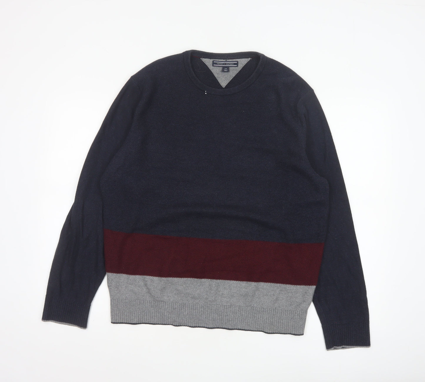 Tommy Hilfiger Men's Blue Colourblock Cotton Wool Pullover Jumper L