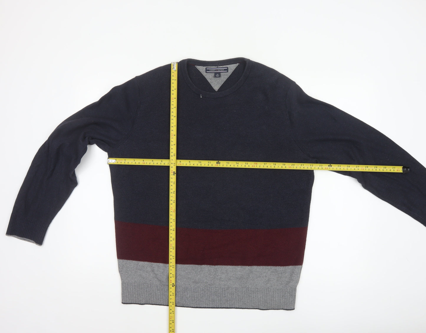 Tommy Hilfiger Men's Blue Colourblock Cotton Wool Pullover Jumper L