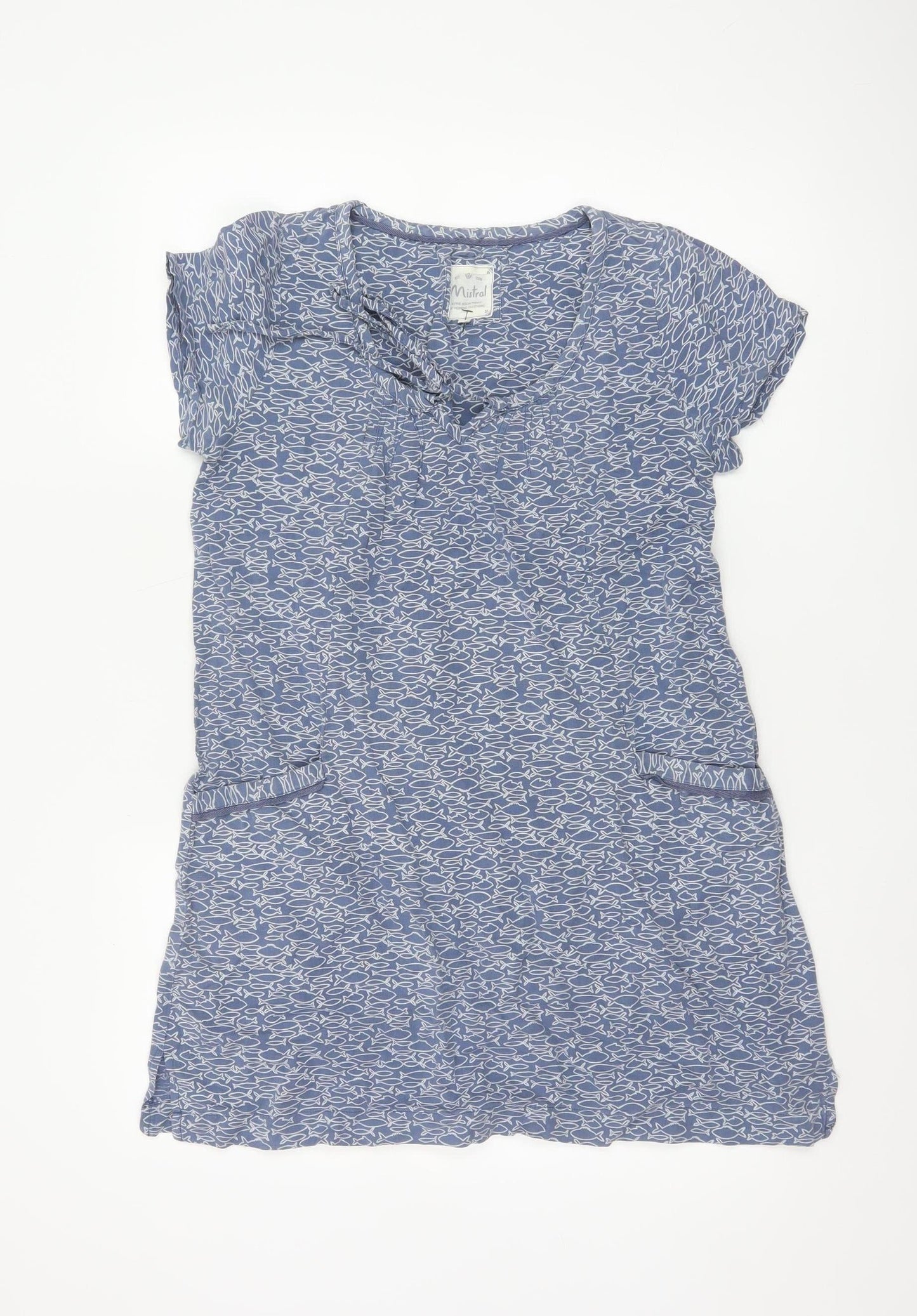 Mistral Women Blue Linen Blend Short Sleeve Shift Dress Size 10