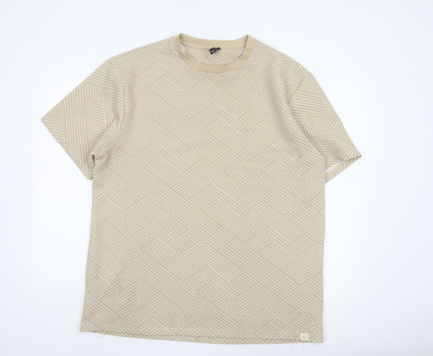 River Island Men's Beige Geometric Textured Crew Neck T-Shirt XL