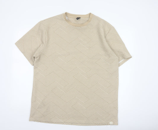 River Island Men's Beige Geometric Textured Crew Neck T-Shirt XL