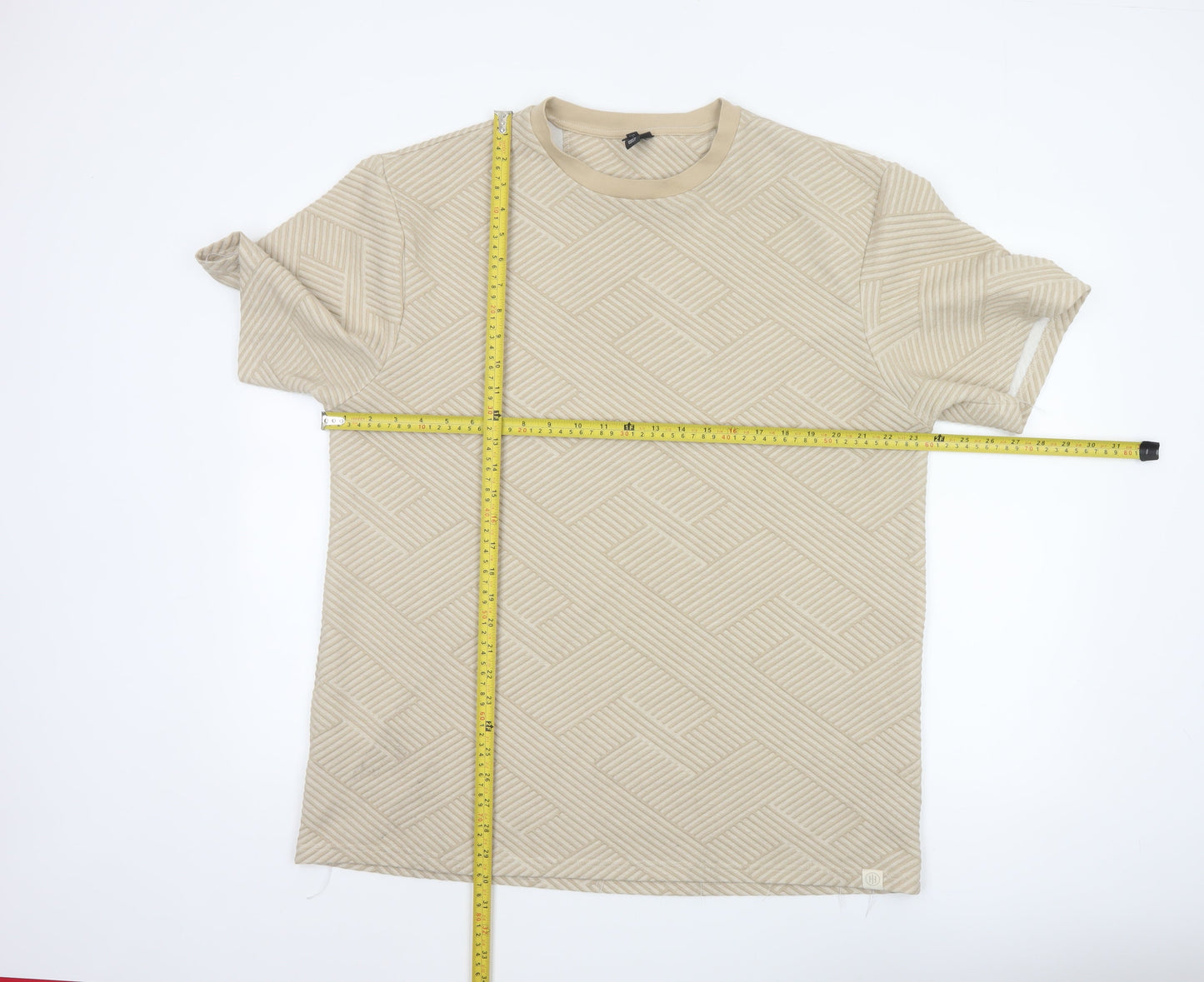River Island Men's Beige Geometric Textured Crew Neck T-Shirt XL