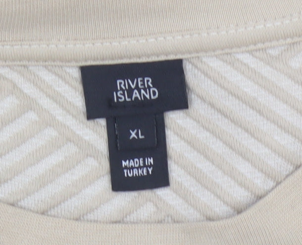 River Island Men's Beige Geometric Textured Crew Neck T-Shirt XL