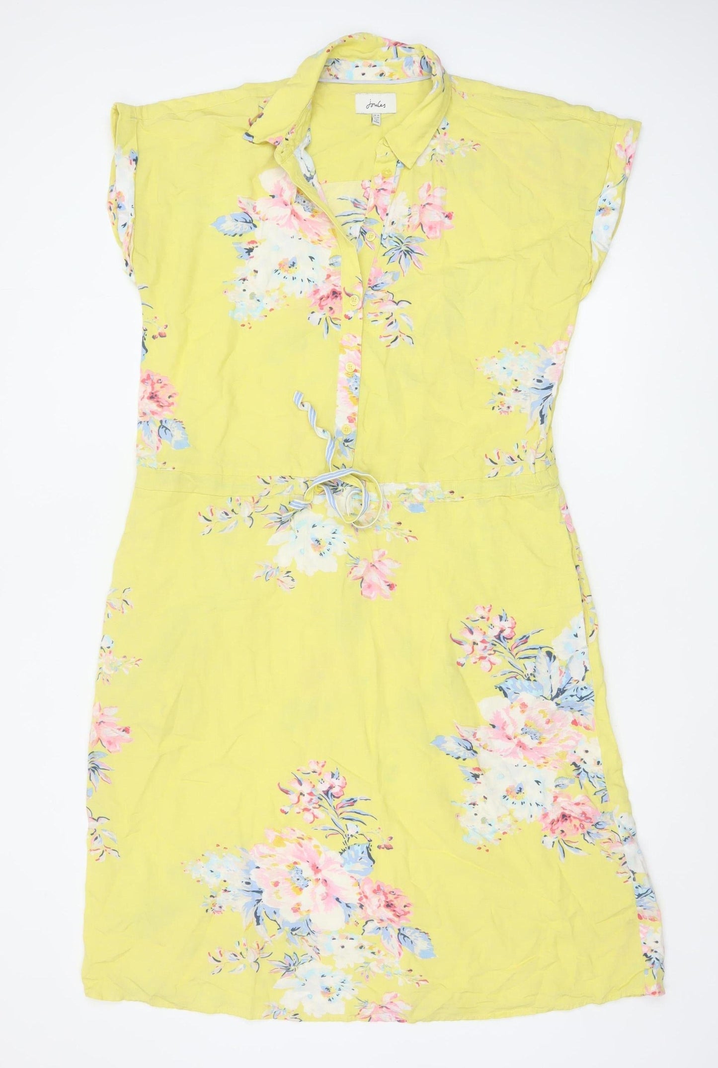 Joules Women's Yellow Floral Shirt Dress Size 10 Linen Blend