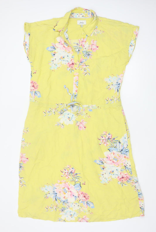 Joules Women's Yellow Floral Shirt Dress Size 10 Linen Blend