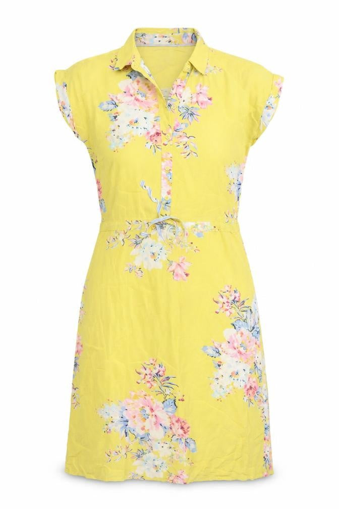 Joules Women's Yellow Floral Shirt Dress Size 10 Linen Blend