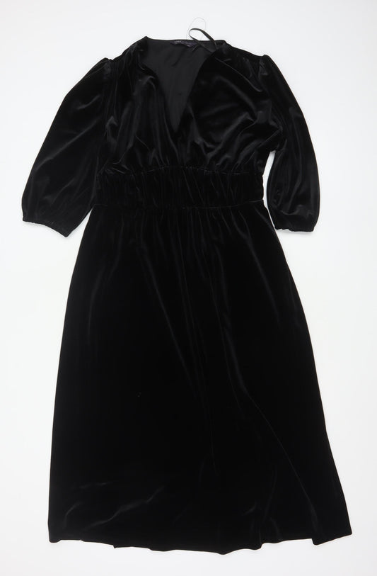 Marks and Spencer Women's Black Velvet Midi Fit & Flare Dress Size 12