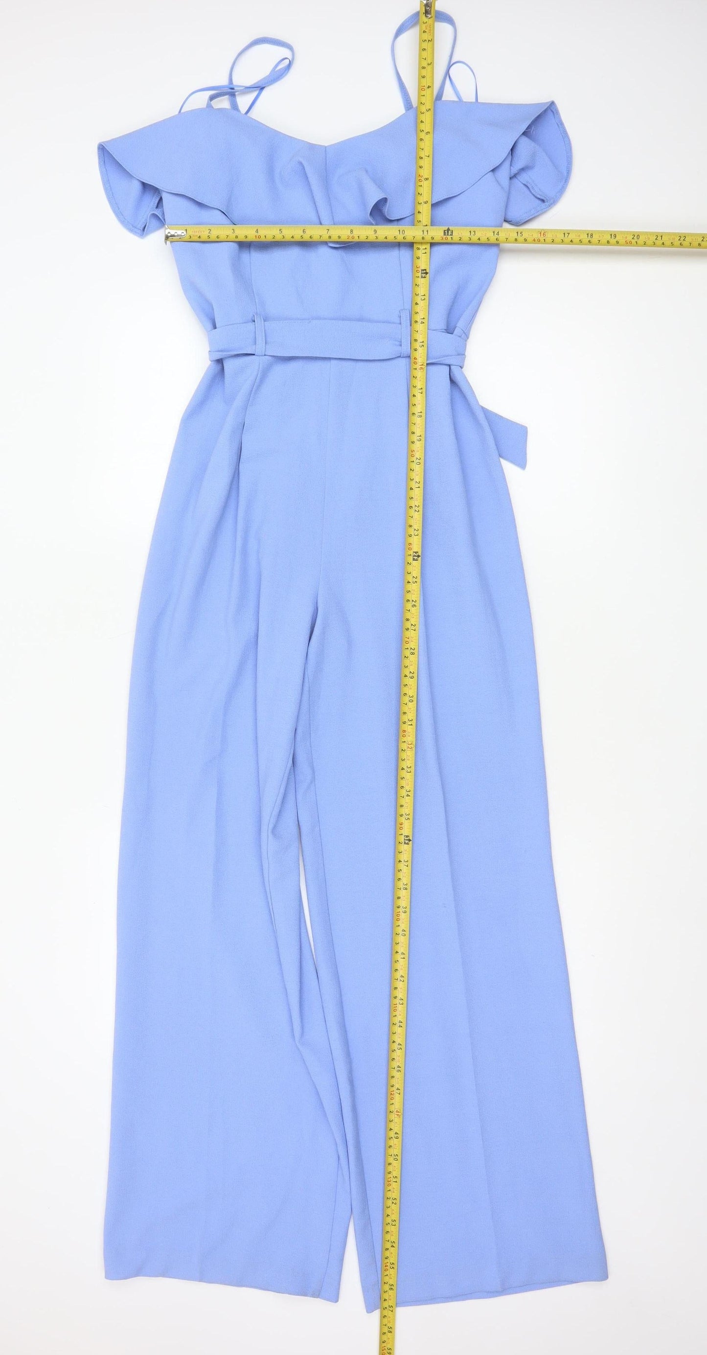 Miss Selfridge Women's Blue Ruffle Bardot Wide-Leg Jumpsuit Size 10