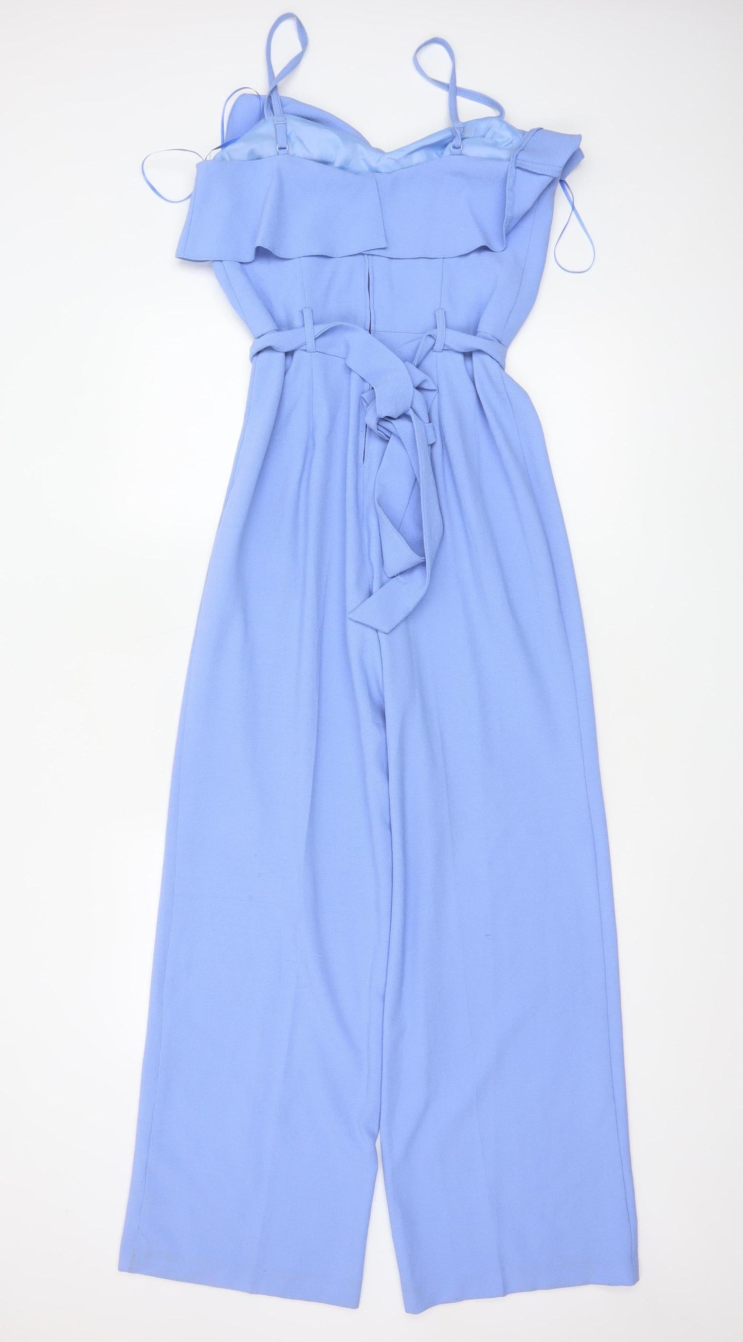 Miss Selfridge Women's Blue Ruffle Bardot Wide-Leg Jumpsuit Size 10