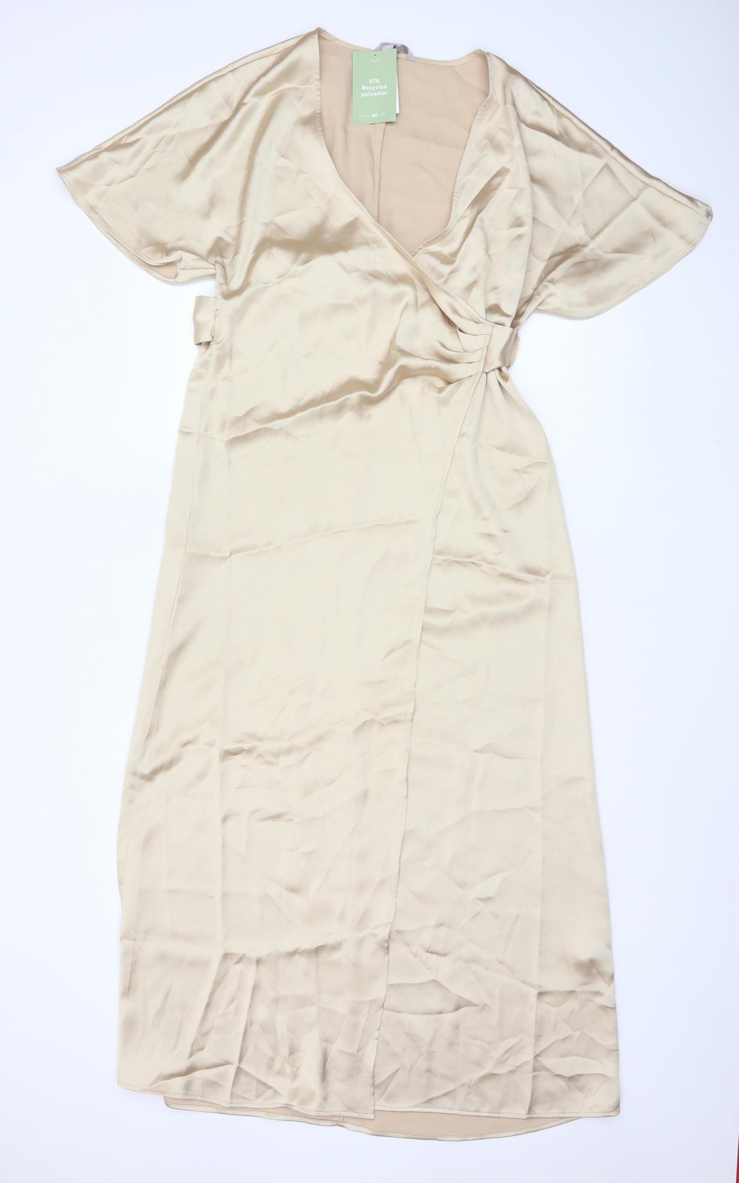 H&M Women’s Beige Midi Wrap Dress Short Sleeve V-Neck XS