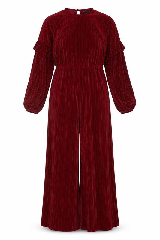 Front view of ASOS Design Women’s Red Pleated Wide-Leg Velvet Jumpsuit, size UK 14