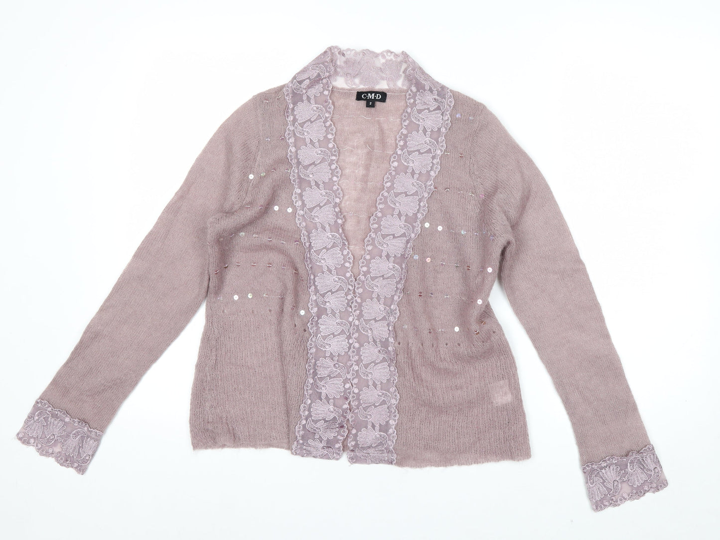 CMD Womens Mauve Mohair Blend Lace Trim Sequin Cardigan Size 8