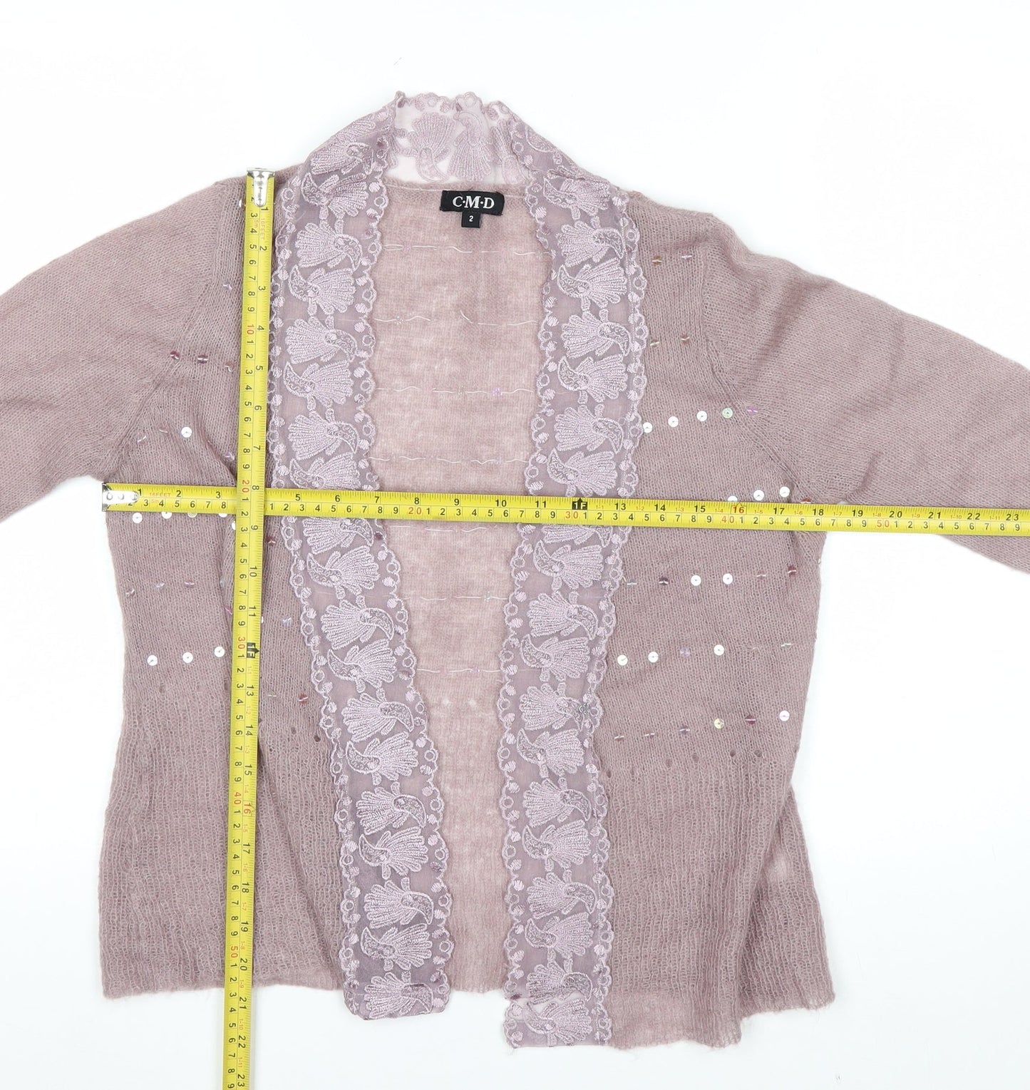 CMD Womens Mauve Mohair Blend Lace Trim Sequin Cardigan Size 8