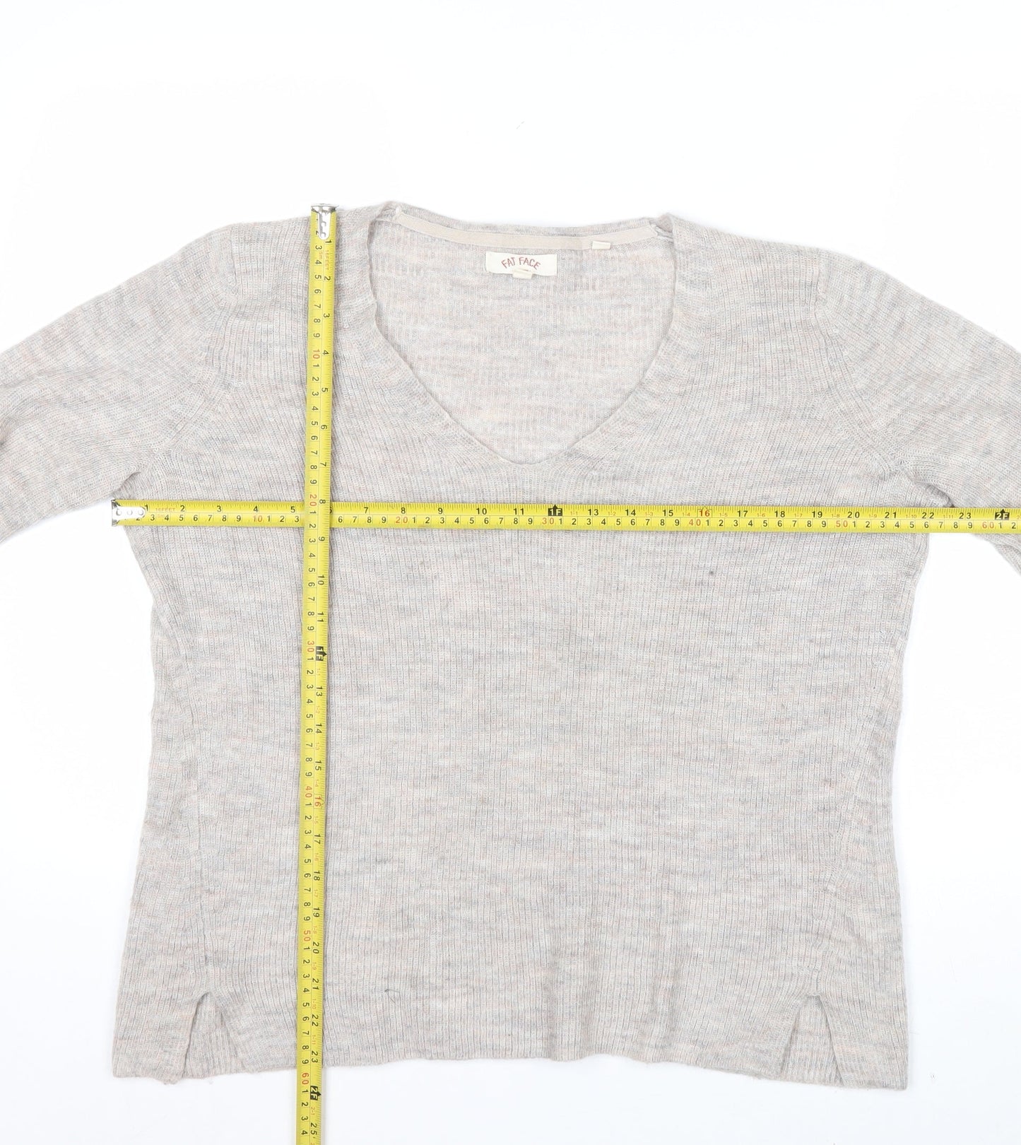 Fat Face Women Beige V-Neck Long Sleeve Wool Blend Jumper UK 14