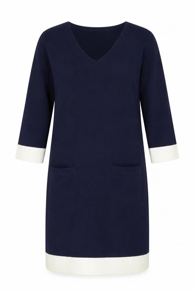 Crew Clothing Blue Knit Shift Dress Size 12 V-Neck 3/4 Sleeve