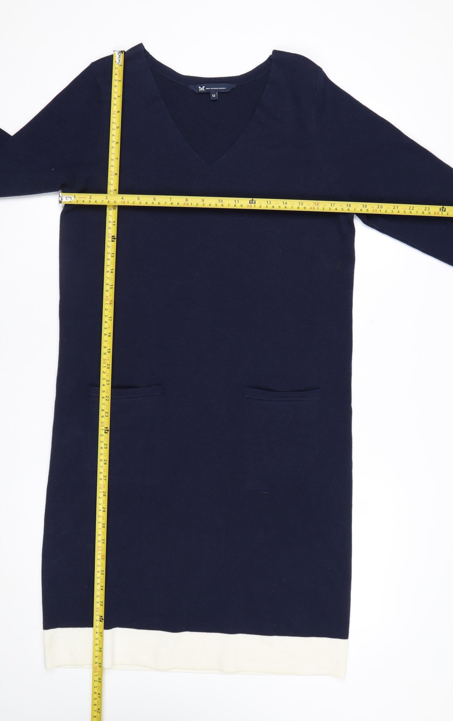 Crew Clothing Women's Blue Knit Shift Dress Size 12 V-Neck 3/4 Sleeve