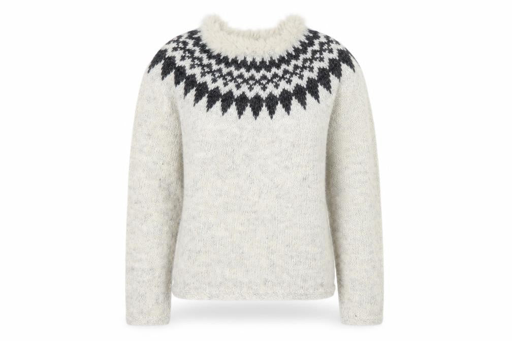 Icelandica Women's Ivory Wool Fur Trim Nordic Knit Jumper L