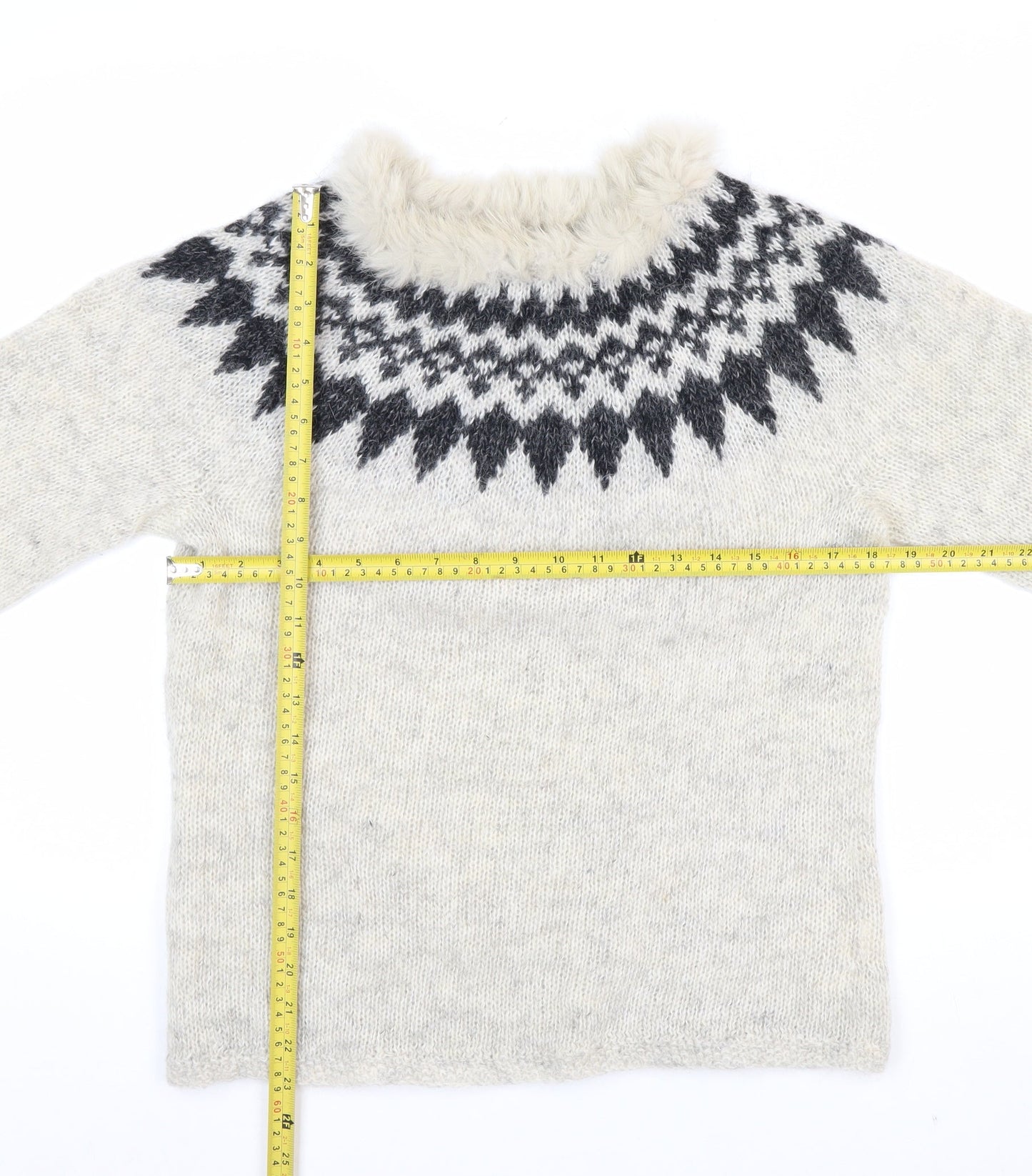 Icelandica Women's Ivory Wool Fur Trim Nordic Knit Jumper L