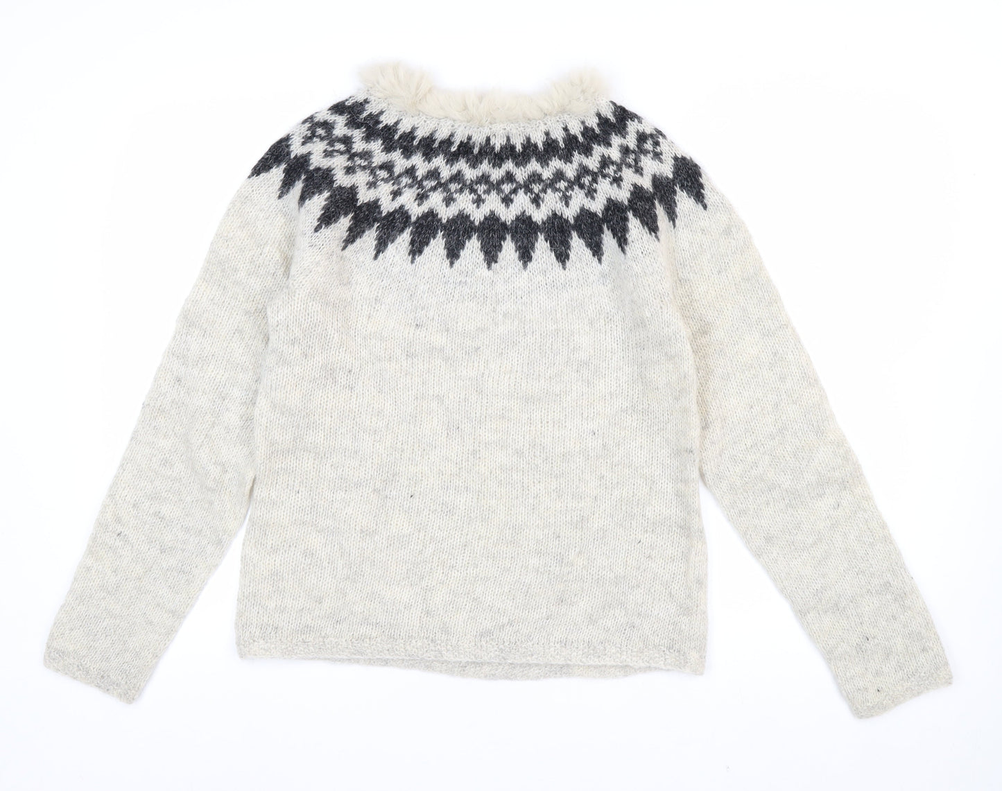 Icelandica Women's Ivory Wool Fur Trim Nordic Knit Jumper L