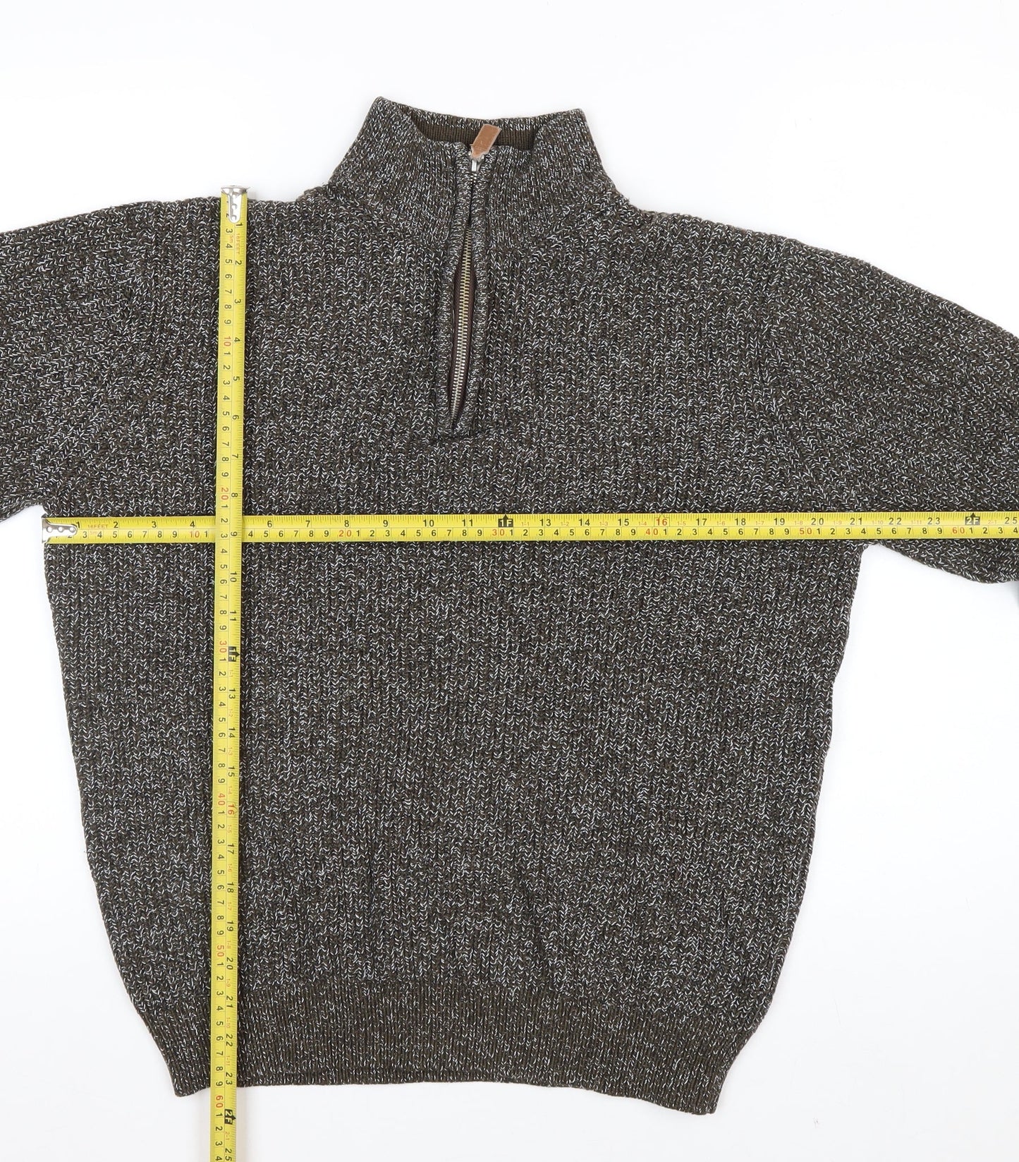 George Men's Brown Cotton Blend High Neck 1/4 Zip Jumper Size M