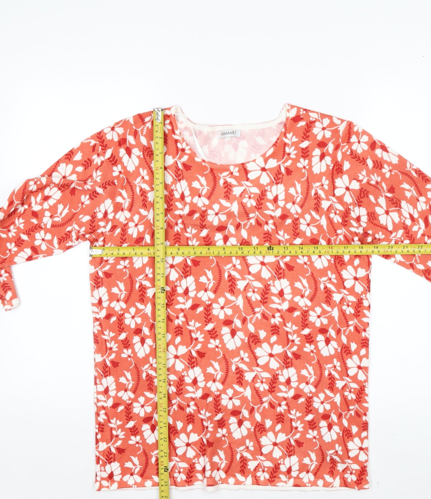 Damart Women's Red Floral 3/4 Sleeve Viscose Knit T-Shirt Size 14/16