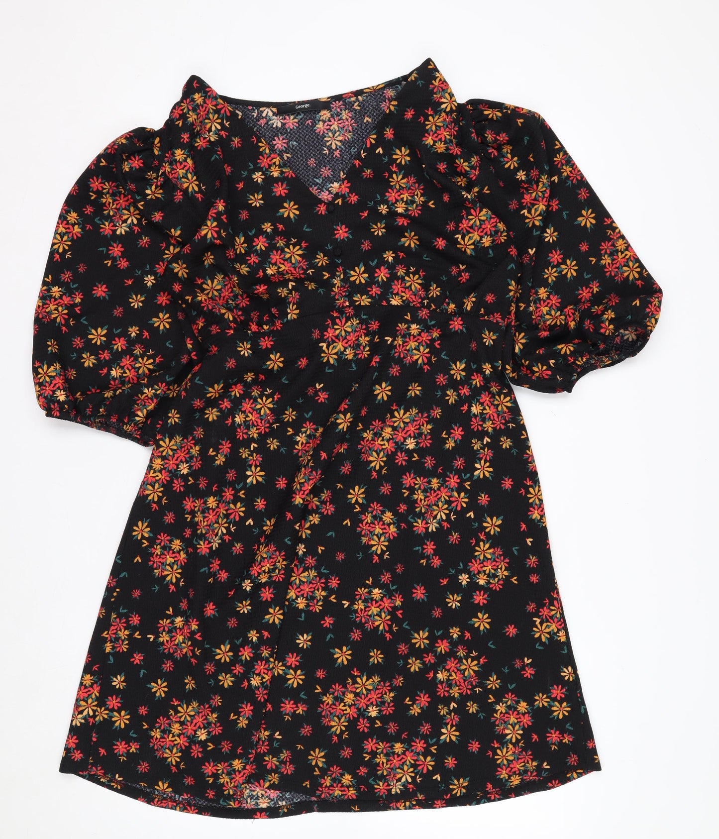 George Women’s Black Floral A-Line Short Puff Sleeve Dress Size 12