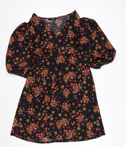 George Women’s Black Floral A-Line Short Puff Sleeve Dress Size 12