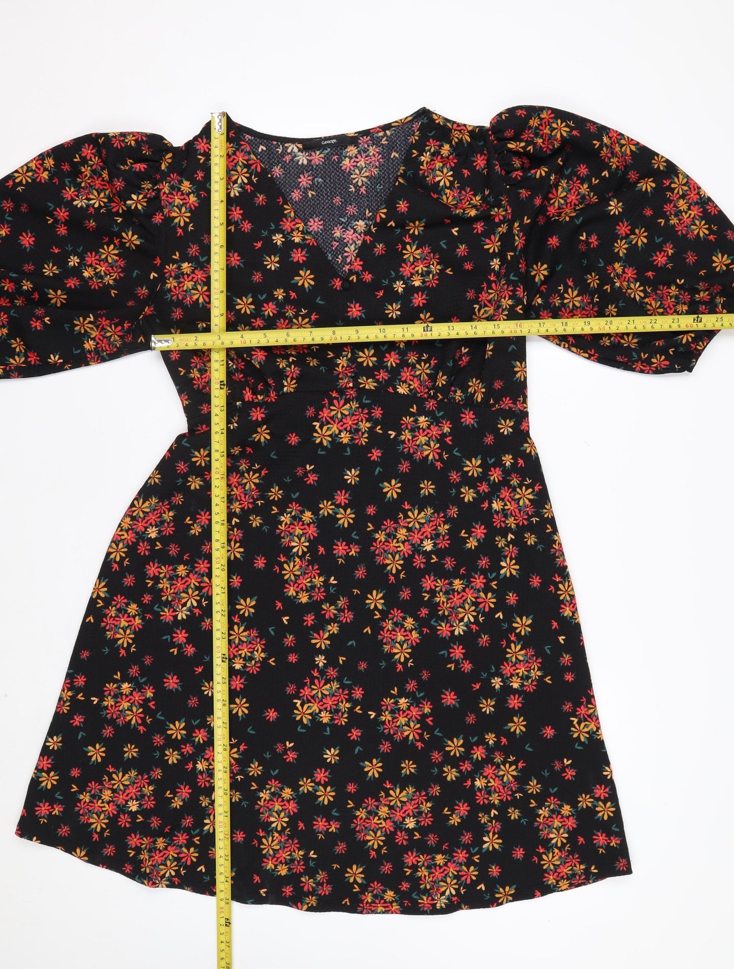 George Women’s Black Floral A-Line Short Puff Sleeve Dress Size 12