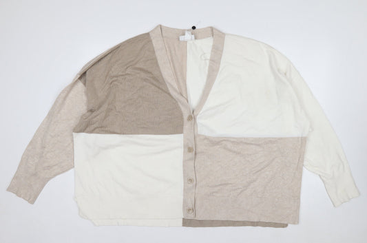 Monki Women Beige Colourblock V-Neck Button Cardigan L