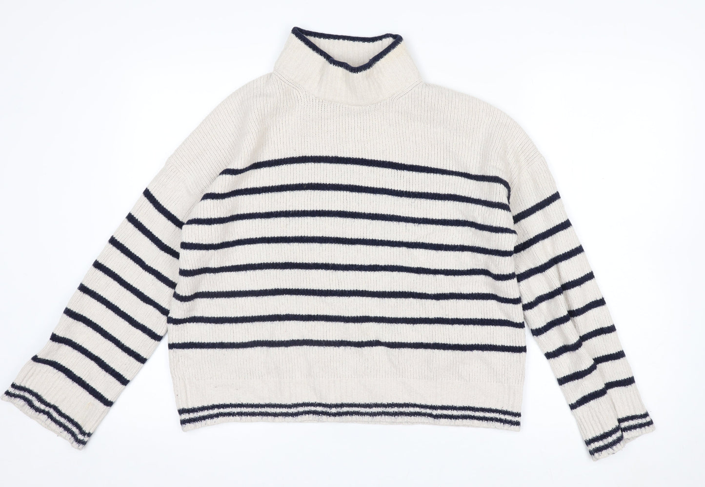 The White Company Women’s Ivory Striped Roll Neck Jumper Size 10
