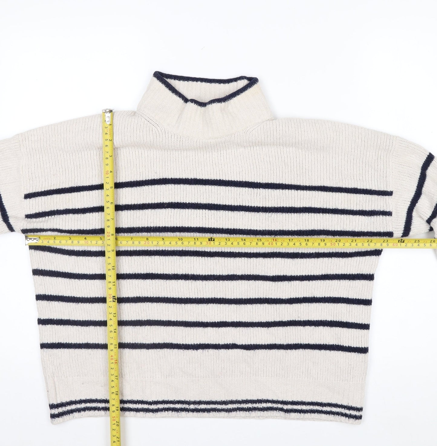 The White Company Women’s Ivory Striped Roll Neck Jumper Size 10