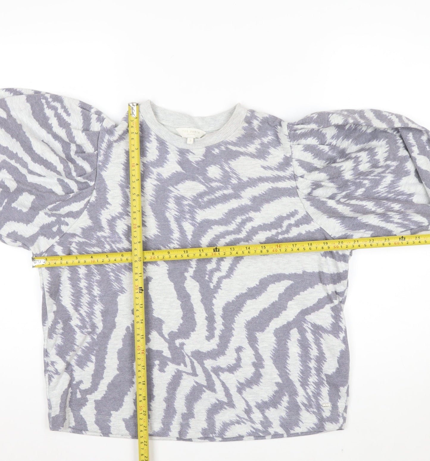 Ted Baker Women Grey Zebra Print Puff Sleeve Pullover Sweatshirt Size M