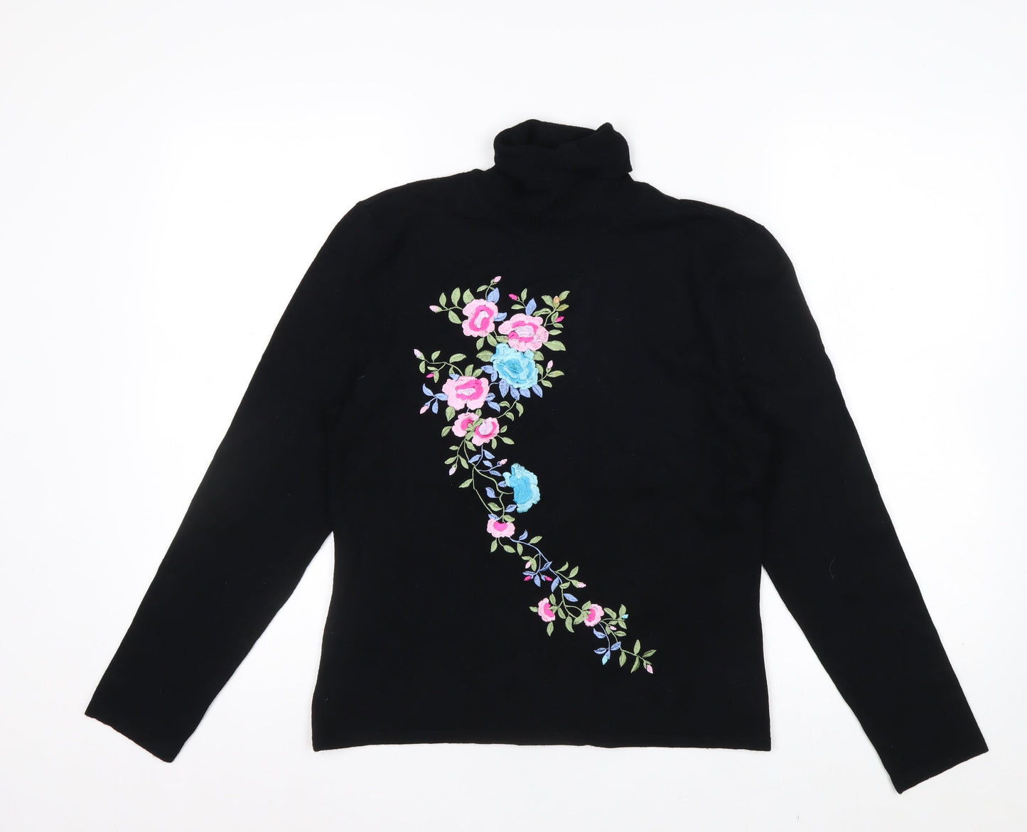 Nygard Collection Women Black Floral Embroidered Roll Neck Jumper M Petites