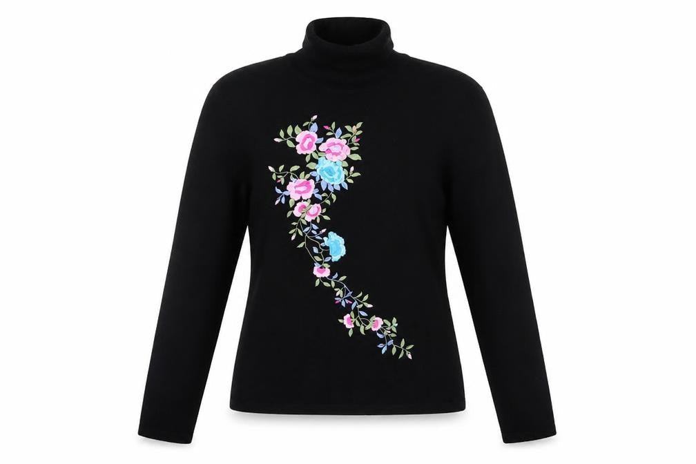 Nygard Collection Women Black Floral Embroidered Roll Neck Jumper M Petites