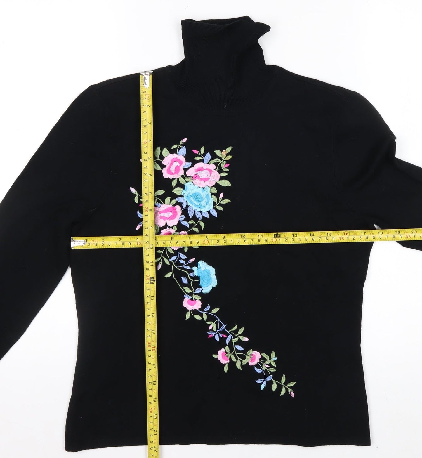 Nygard Collection Women Black Floral Embroidered Roll Neck Jumper M Petites