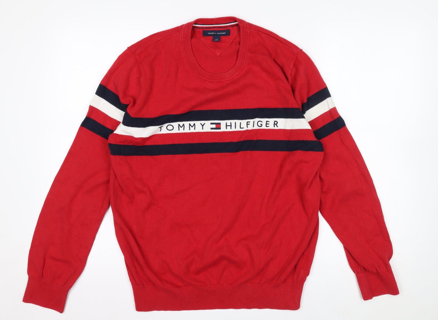 Tommy Hilfiger Men's Red Cotton Crew Neck Striped Pullover Jumper L