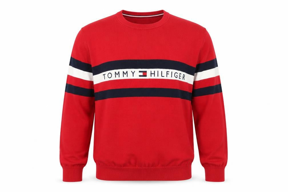 Tommy Hilfiger Men's Red Cotton Crew Neck Striped Pullover Jumper L