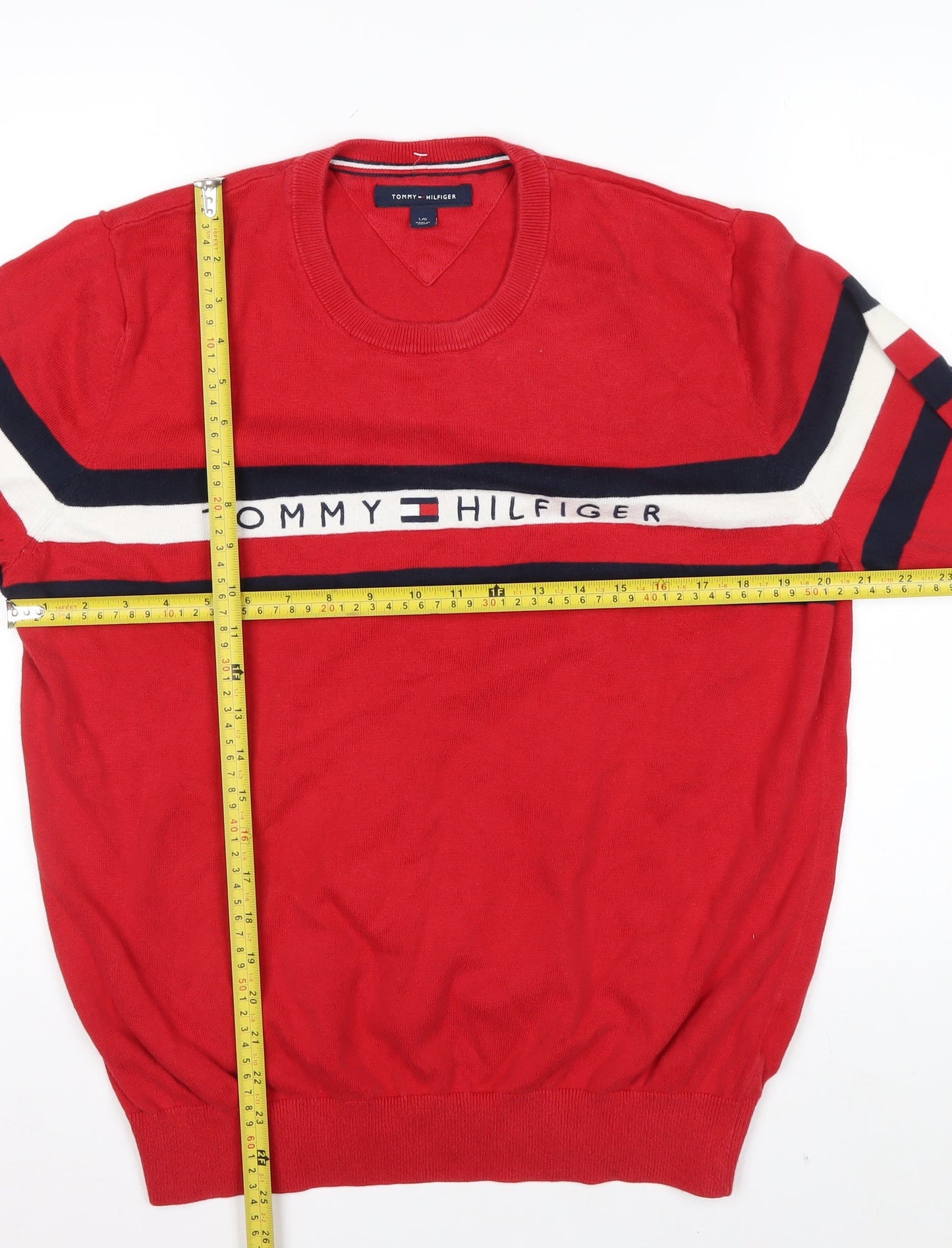 Tommy Hilfiger Men's Red Cotton Crew Neck Striped Pullover Jumper L
