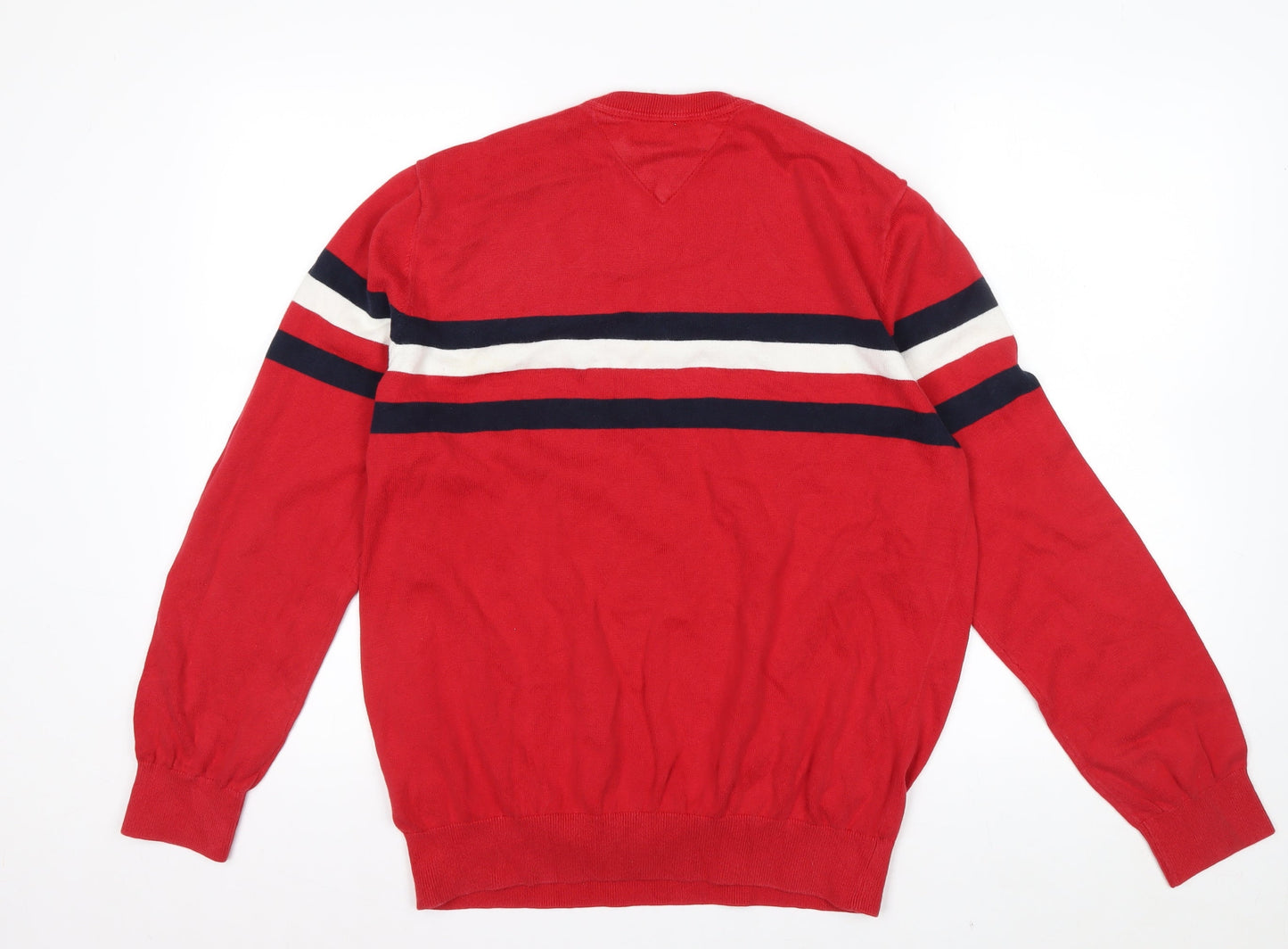 Tommy Hilfiger Men's Red Cotton Crew Neck Striped Pullover Jumper L