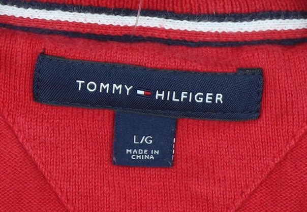 Tommy Hilfiger Men's Red Cotton Crew Neck Striped Pullover Jumper L