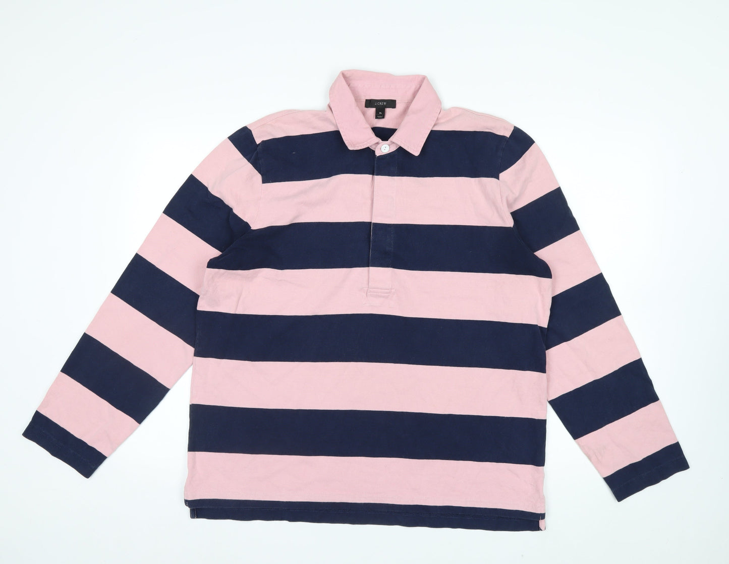 J.Crew Men's Pink and Navy Stripe Long Sleeve Polo XL Cotton