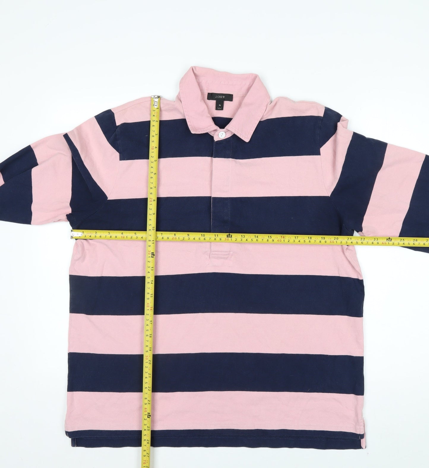 J.Crew Men's Pink and Navy Stripe Long Sleeve Polo XL Cotton
