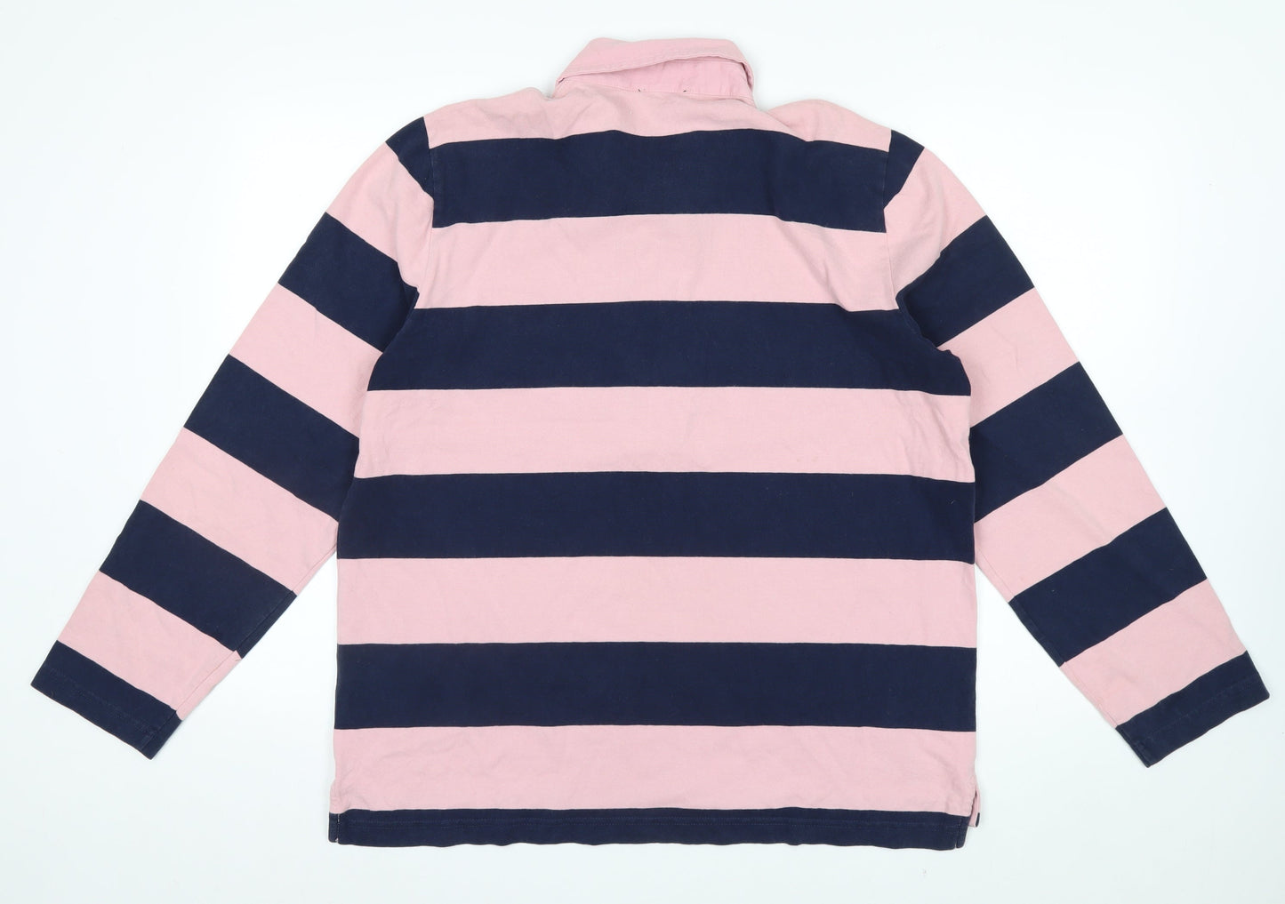 J.Crew Men's Pink and Navy Stripe Long Sleeve Polo XL Cotton