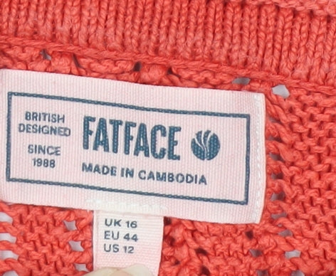 FatFace Women Red Cotton Knit Jumper Size 16 Crew Neck Long Sleeve