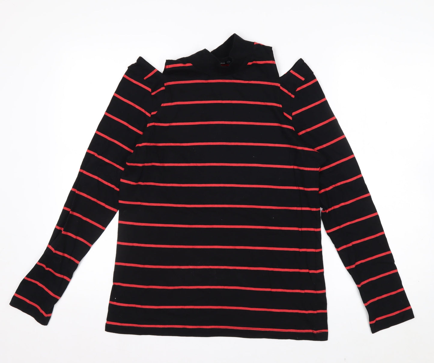 Next Womens Black Red Striped Roll Neck Cold Shoulder Top Size 14