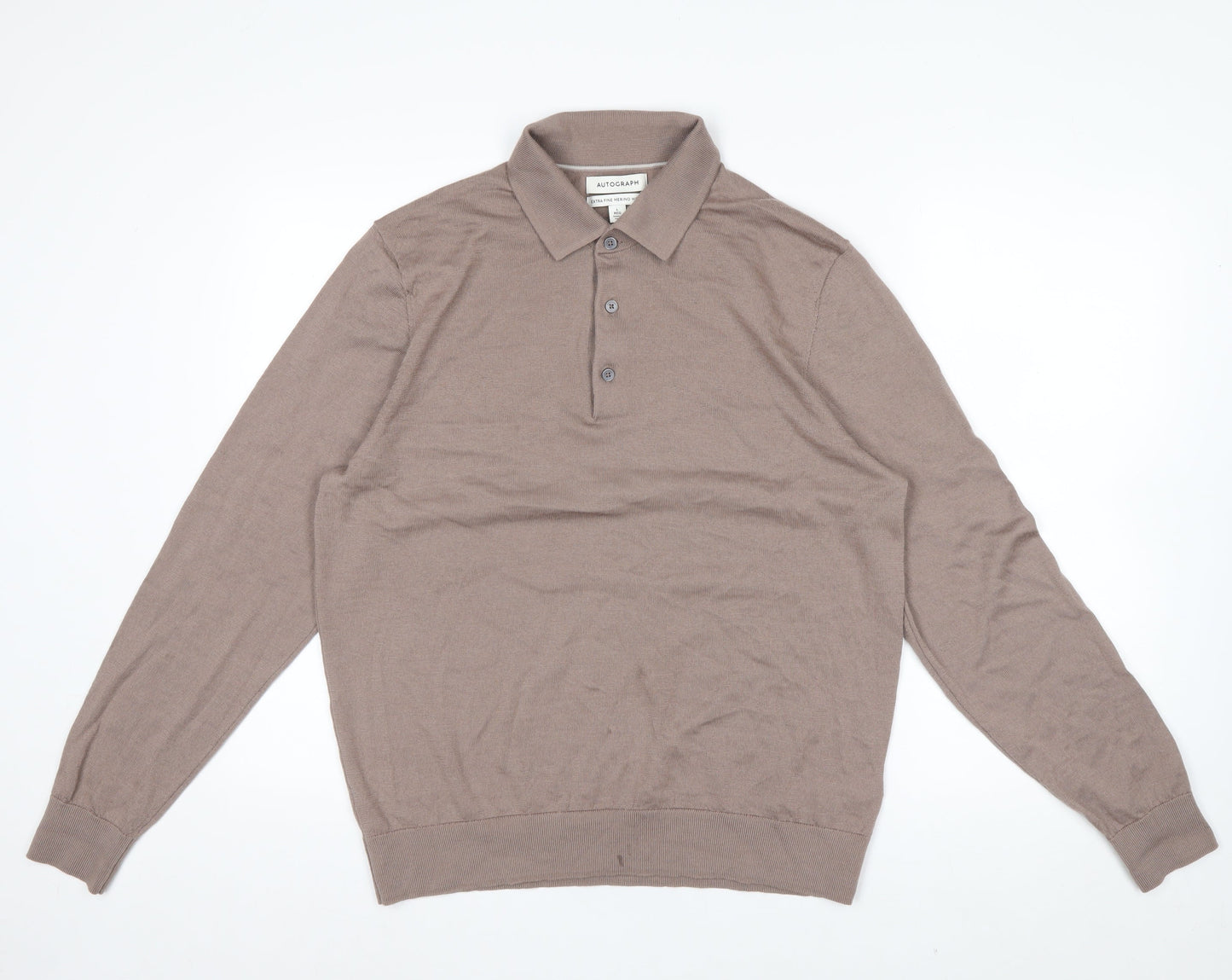 Marks and Spencer Men Brown Merino Wool Collared Henley Jumper L